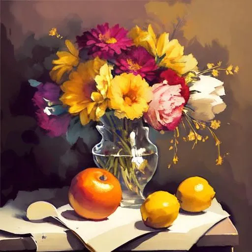 Prompt: An image of a still life painting with a vase of fresh flowers, a bowl of fruit, and a few books scattered around. The colors should be bright and cheerful, with a sense of warmth and homey-ness.