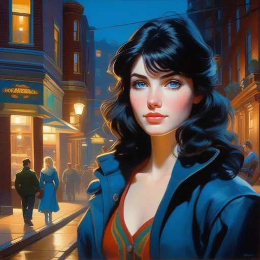 Prompt: Third person, gameplay, Irish-American girl, pale skin, black hair, blue eyes, 1980s, Boston at night, cold blue atmosphere, cartoony style, extremely detailed painting by Greg Rutkowski and by Henry Justice Ford and by Steve Henderson 

