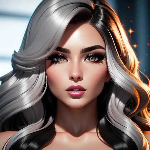 Prompt: {{highest quality splash art masterpiece}} {{upper body}} of seductive gorgeous stunning feminine squatting woman with {{hyperrealistic intricate black balayage wild hair with white streaks}} and {{hyperrealistic beautiful grey eyes}} and hyperrealistic stunnging feminine seductive face and nose and big lips, small eyebrows, ash grey skin, {red blush cheeks}, arrogant smirk, sadistic, {backlit}, {{hyperrealistic intricate mummy bandages with deep exposed cleavage}} and visible abdominal muscles, {abs}, hyperrealistic toned body, {{seductive love gaze at camera}}, looking down perspective, {{{squatting on top of camera}}}, bokeh background, cinematic glamour lighting, backlight, action shot, intricately hyperdetailed, perfect face, perfect body, perfect anatomy, hyperrealistic, hyperrealism, mythical, epic fantasy, sharp focus, glamour, volumetric lighting, studio lighting, triadic colors, occlusion, ultra-realistic, dramatic lighting, beauty, hot sensual feminine romance, facial expression, professional photography, perfect composition, unreal engine octane, 3d lighting, UHD, HDR, 128K, render, HD, trending on artstation, full body front view, realistic, concept art, highres, fine, smooth, 3d illustration, centered, symmetry, ultimate, hyperrealistic digital art, painted, shadows, contrast, approaching perfection, blacklight, pearlescent, sparkling, iridescent, stunning goddess, fantastical, elegant, majestic, fine detail, {{huge breast}}, {{sexy}}