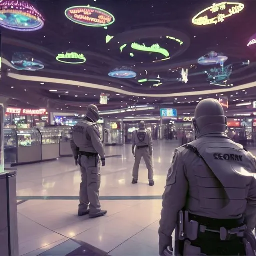 Prompt: alligator security guards in a busy alien mall, widescreen, infinity vanishing point, galaxy background, surprise easter egg