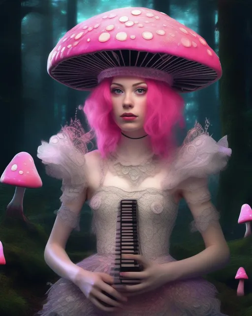 Prompt: A fantasy portrait of a girl with pale skin and vivid pink hair adorned with an ornate lace headdress against a dark magical forest backdrop, illuminated by glowing mushrooms and fireflies, wearing a dress of antique fabrics with a keyboard synthesizer built into the voluminous skirt, visualized in an imaginative dream punk aesthetic using lush painterly digital editing