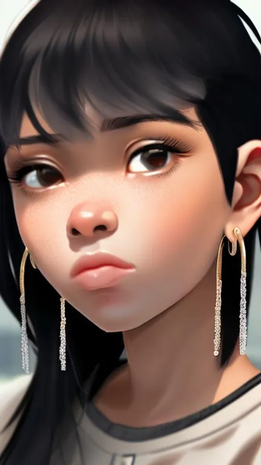 Prompt: A short black hair girl with scar side her lips and gray eyes and a Japanese earring
