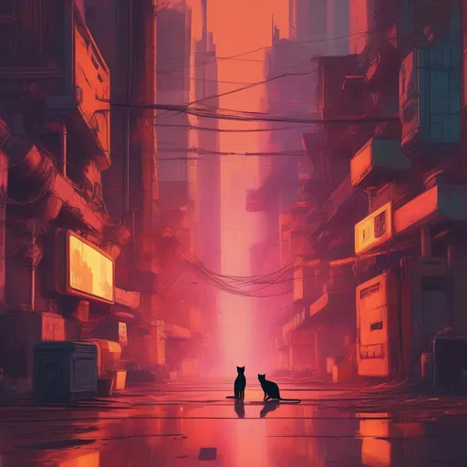 Prompt: Stray cyberpunk city warm colors with cat