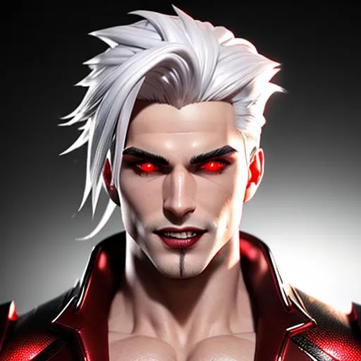 Prompt: ((best quality)) 3D render, Splash art masterpiece of seductive masculine top-down crazy modern vampire man with ((hyperdetailed white silky hair)) and ((hyperdetailed bloodshot red eyes)) and beautiful hyperdetailed masculine attractive sharp face and nose and big lips, ((white skin)), red shy blush with grin, blood dripping down lips and body, red blood, backlit, ((intricately hyperdetailed yellow modern thin mesh suit)) with deep cleavage and visible abdominal muscles, abs, toned body, barely any clothing, mesh dress, ((seductive crazy grin face)), looking up at camera, standing jojo pose, looking down perspective, bokeh background, cinematic glamour lighting, backlight, action shot, intricately hyperdetailed, perfect face, perfect body, perfect anatomy, hyperrealistic, sharp focus, epic dark fantasy, glamour, volumetric studio lighting, triadic colors, occlusion, ultra-realistic, 3d lighting, beauty, sensual masculine romance, professional, sensual feminine, perfect composition, unreal engine 8k octane, 3d lighting, UHD, HDR, 8K, render, HD, trending on artstation, front view, (((huge breast))), ((sexy)) cleavage, fangs, Bride, Curse of Strahd, slutty, wounded, blood, vampire, fangs black leather, black latex