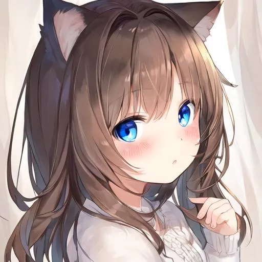 Prompt: a cute portrait of a cat with brown hair and blue eyes and light blush