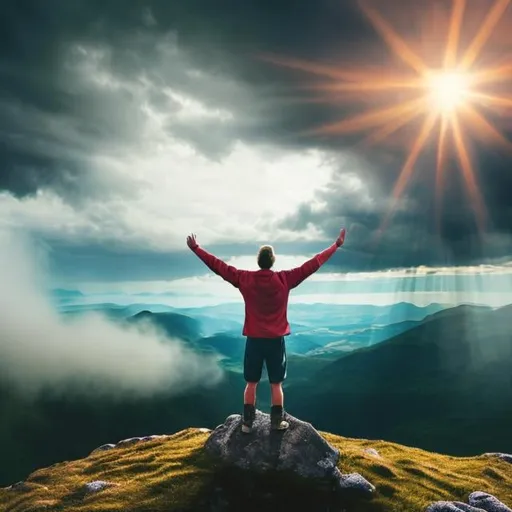 Prompt: consider an image that shows a single person standing on top of a mountain or hill, with their arms raised in triumph. The person may have endured a difficult journey to reach that point, but their posture and expression demonstrate resilience and a sense of accomplishment. The background could be filled with scenic beauty or sunlight breaking through dark clouds, representing hope and a brighter future. This image captures the essence of an individual persevering through challenges, with the belief that they have overcome adversity and are now embracing a hopeful future