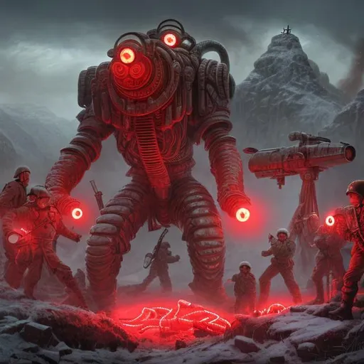 Prompt: Soviet Russia, military, soldiers, snow, mountains, biological mechanical war machine, eyes, teeth, snakes, red lights, red neon lighting, dark fantasy art style, propaganda, giant