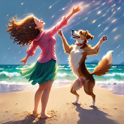 Prompt: a woman and dog standing on the beach, legs apart, arms outstretched upwards to the sky. head tilted back. Hair flying in the wind. Face is smiling. eyes are closed. Glitter flows out from her heart. up and out and falls like rain. roots grow down from her feet, deep into the earth. A large dog at her side