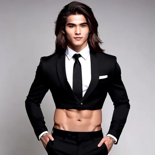Prompt: an attractive long-haired 19-years old man with abs wearing a crop top black long sleeve business suit and black neck tie with black business suit pants, he also has a bare midriff and a bare navel