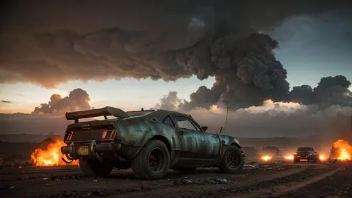 Prompt: dystopian wasteland, vibrant coloring, mad max like style, abandoned sports cars and hyper cars and fires on the horizon, thick clouds of rainbow colored smoke, in the distance explosions and comets falling down