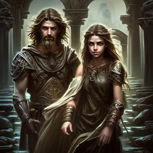 Prompt: Epic, Heroic, fantasy, ominous, cinematic lighting, 3D, HD, [{Rugged Handsome!}Male as Philosopher and with {brown hair}, Beautiful big eyes], 
[{Beautiful! Gorgeous!}Female as Priestess and with {black hair}, Beautiful big eyes]2, {Greek}mythology, mist, expansive ancient Greek background, hyper realistic, uber detailed, 64k, high quality, sharp focus, intricate details, highly detailed --s98500