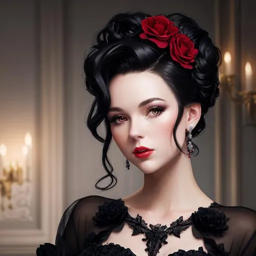 Prompt: Beautiful woman portrait wearing a black evening gown, black hair, dark eyes, ruby jewelry,elaborate updo hairstyle adorned with flowers, facial closeup