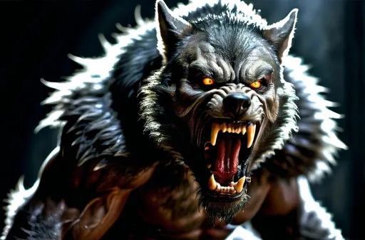 Prompt: Dark fantasy illustration of a horror evil fearsome werewolf, towering posture, realistic, huge, standing fur, piercing yellow eyes, detailed long wide open jaw, spiky long teeth, spiky long nails, high-res, detailed, dark fantasy, werewolf, grimy atmosphere, unhuman, menacing, piercing eyes, detailed jaw, sharp teeth, long nails, looming figure, atmospheric lighting, detailed textures, oil painting, red tongue, blood stained furry body