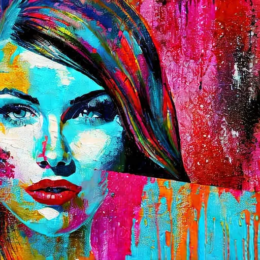 Prompt: Grungy style painting of a gorgeous woman posing back to the camera, 18mm, highly detailed, a little bit grungy, torn, ripped style, dripping paint pops of colors, realistic, sharp focus, insanely detailed, intricate, elegant, Intricately rendered, painting, hyper-realistic, detailed big brush strokes 8k resolution