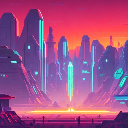 Prompt: a spaceport environment, background art, pristine concept art, small, medium, and large design elements, late night, in the style of Ralph McQuarrie, flat 2d illustration lots of neon oranges and pinks