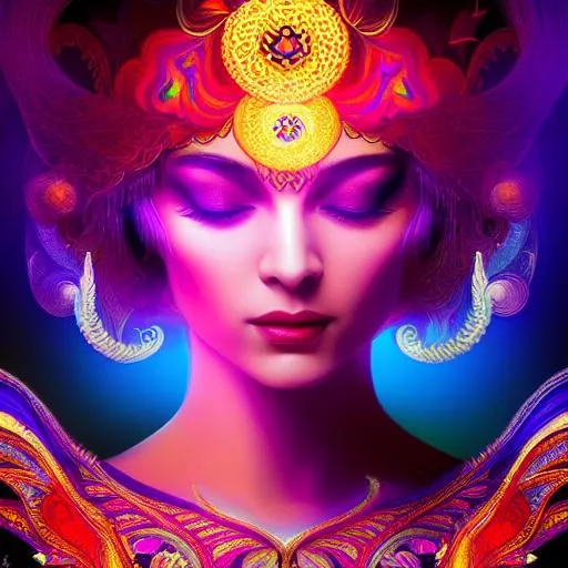 Prompt: An extremely psychedelic experience of the third eye opening, colorful, surreal, dramatic lighting, magic mushrooms, psilocybin, LSD, face, detailed, intricate, elegant, highly detailed, digital painting, artstation, concept art, smooth, sharp focus, illustration, 1960s hippy art, art by Krenz Cushart and Artem Demura and alphonse mucha