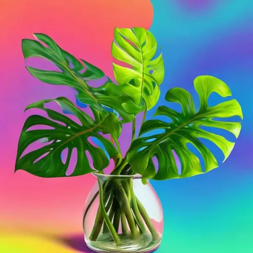 Prompt: Miniature Monstera in a vase in the style of Lisa frank