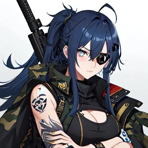 Prompt: (blue Messy hair with front spikes) wearing a eye patch that covers her right eye, wearing a camo military uniform, tattoos on her arms, holding a gun
