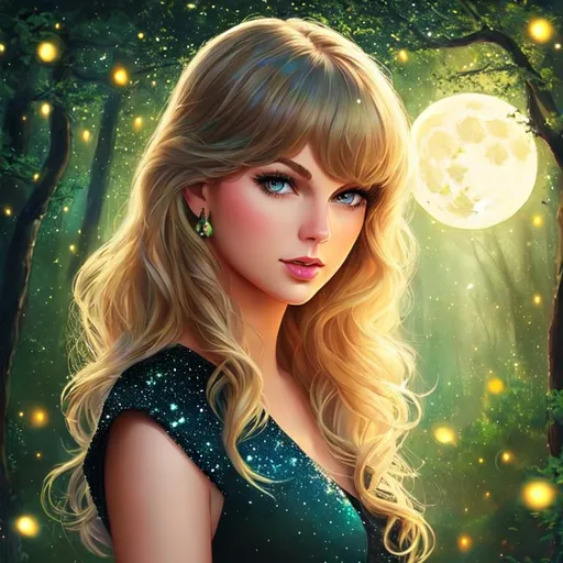 Prompt: a young woman who looks like Taylor Swift, Disney style, moon, forest, nighttime, galaxy, soft light, art, painting, sweet, fireflies