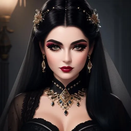 Prompt: Lady with black hair, pretty and stylish makeup, cinematic light,  fantasy