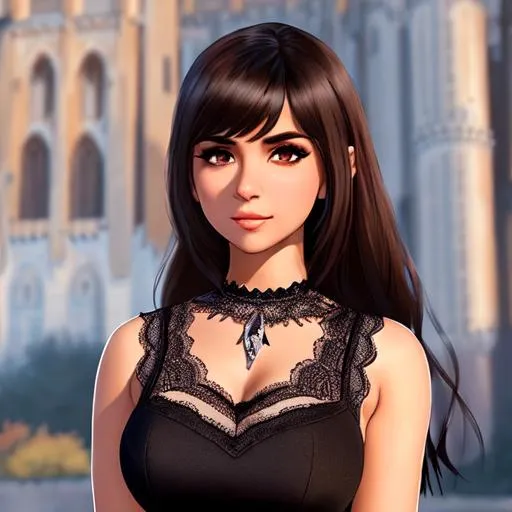 Prompt: (Art by Ilya Kuvshinov), mix of Mia Khalifa and Lacey Chabert, halfling, parted bangs, sleeveless, surprised expression, brown hair, pointed ears, brown eyes, dynamic pose, castle setting, ethereal, black lace dress, jewelry set balayage wild hair, royal vibe, highly detailed, digital painting, Trending on artstation , HD quality(Masterpiece), Smooth, Female Character, halfling, ((parted bangs)), tan skin, Big Eyes, 1woman, head and shoulders portrait, Average Body, castle background, holding a magical sword, ultra-fine details, intricate scene, ambient lighting, soft glow, elegant, symmetrical facial features, accurate anatomy, anatomically correct woman, sharp focus, dark fantasy cgi still, artgerm, taken on nikon d750, scenic, gossamer, iridescent, ethereal, auroracore, vaporwave, splash art, pixiv, tumblr, Unreal Engine