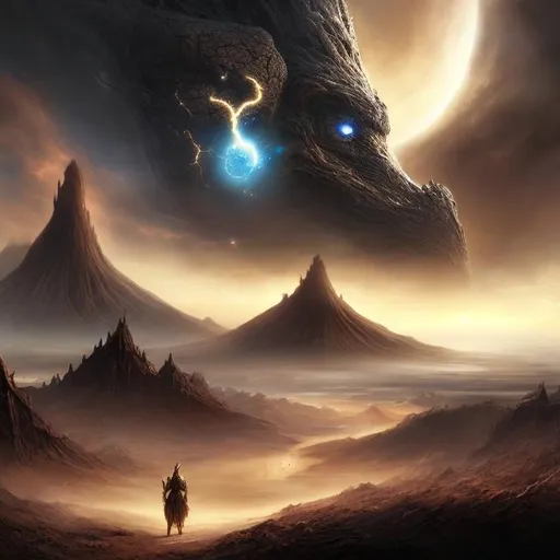 Prompt: dark fantasy landscape, dark volcanic sand, in the sky is a floating mighty dark god looking down at the landscape, thin atmosphere,  hd realistic, art, beyond the universe