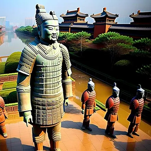 Prompt: A terra cotta warrior in a business suit, scenic landscape, bustling city