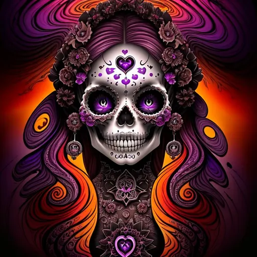Prompt: Beautiful, Epic, Amazing, dark swirl, 3D, HD, Mandelbrot Julia Fractal ink, (Beautiful {Sugarskull}{Cow-Skull} and happy face), freeform psychedelic chaos ultra HD, digital painting,  desert with {heart-shaped Sunset} background, uber detailed, 64k, high quality, sharp focus, studio photo, intricate details, highly detailed --s98500