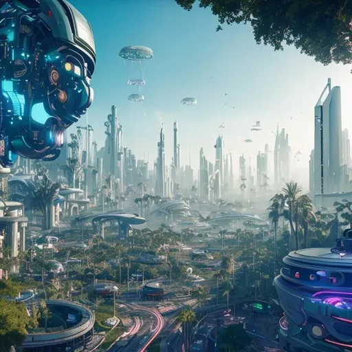 Prompt: Ultrarealistic 8k Portrait of futuristic utopian city that is sustainable with some plants. busy city sky, flying drones and robots, paradise, peaceful and modern, minimalistic, big windows, natural lighting, cyber punk, Sci-Fi, lots of details rendered in Unreal Engine 5