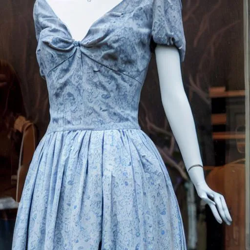 Prompt: A dress hanging up on a mannequin, in a shop window. The window is stained and foggy, showing no outside. The dress is a light blue with hints of grey, and a single dawn-colored rose pattern on the hem of the dress. It is old-fashioned, and the skirt of the dress goes down past the knees of the mannequin. 