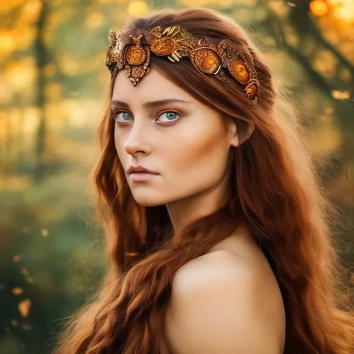 Prompt: Beautiful female warrior, long coppery brown hair and amber eyes. Female warrior wearing an armour. Face beautiful simmetrical,  realistic, soft features of the face, wearing a headband. Happy serene facial expression. Spear holding in her hand