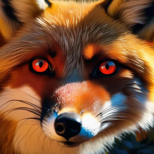 Prompt: (black fox), realistic, photograph, epic oil painting, (hyper real), furry, (hyper detailed), extremely beautiful, (on back), gleaming burnt sienna eyes, red eyes, white chin, UHD, studio lighting, best quality, professional, photorealism, masterpiece, ray tracing, 8k eyes, 8k, highly detailed, highly detailed fur, hyper realistic thick fur, (high quality fur), fluffy, fuzzy, close up, rear view, hyper detailed eyes, perfect composition, ray tracing, masterpiece, trending, instagram, artstation, deviantart, best art, best photograph, unreal engine, high octane, cute, adorable smile, lying on back, flipped on back, lazy, peaceful, (highly detailed background), cliffside, overlooking river, overlooking abandoned town, overgrown with nature, vivid, vibrant, intricate facial detail, incredibly sharp detailed eyes, incredibly realistic fur, concept art, anne stokes, yuino chiri, character reveal, extremely detailed fur, sapphire sky, complementary colors, golden ratio, rich shading, vivid colors, high saturation colors, nintendo, pokemon, silver light beams