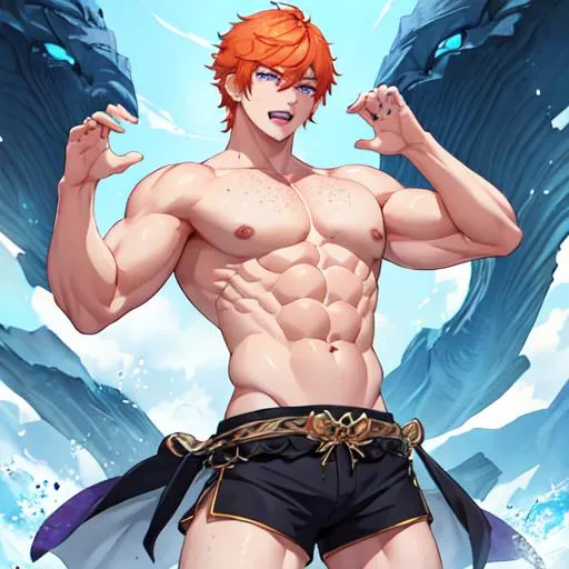 Prompt: Erikku male (short ginger hair, freckles, right eye blue left eye purple) muscular, UHD, 8K, Highly detailed, insane detail, best quality, high quality. hands in the air, wearing a t-shirt and shorts