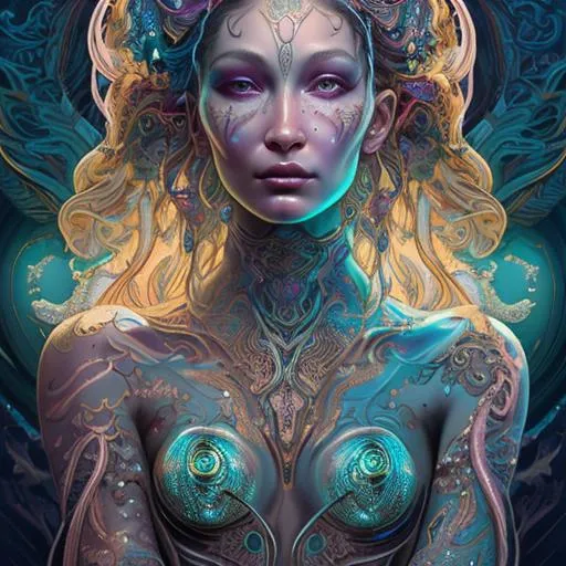 Prompt: Heavenly fantasy goddess, bioluminescent prismatic opaline, colorful tribal tattoos, Illustration, Beautiful, Detailed, Intricate, Painting, Vibrant, Design, Landscape, Cinematic, Photorealistic, 4k, 8k, World, Artstation, Wlop, Cyberpunk, Magical, golden hour, Closeup face portrait of Bella Hadid, smooth soft skin, big eyes, beautiful intricate colored hair, symmetrical, anime wide eyes, concept art, digital painting, looking into camera 