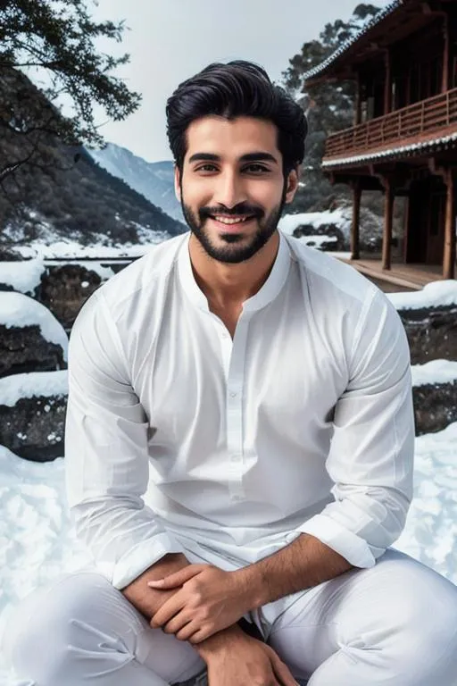 Prompt: a scene of "hyperreal closed eyes", meditation, lost in god,"blissful delhi hyperreal handsome rugged boy", hyperreal stormy snow mountain", smile, white kameez, detailed, hyperreal, sitting, arena, perfect composition, hyperrealistic, super detailed, 8k, high quality, trending art, trending on artstation, sharp focus, studio photo, intricate details, highly detailed, by greg rutkowski
