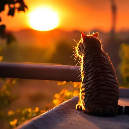 Prompt: a cat is watiting for its passing while looking at the sunset