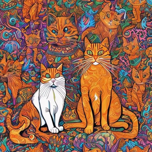 Prompt: Psychedelic ginger and white cats
