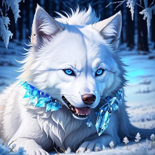 Prompt: (masterpiece, professional oil painting, epic digital art, hyper detailed, best quality:1.5), beautiful portrait of white ((wolf)), canine (quadruped), female, adolescent, ice elemental, (deep blue fur covered in frost), bashful hypnotic sapphire blue eyes, 8k eyes, emanating enchanted blue aura, sprawled on frosted grassy field, extremely beautiful, thick billowing silver mane covered in frost, (plump:2), Anne Stokes, mid close up, close up, kitsune, presenting magical jewel, detailed smiling face, finely detailed fur, hyper detailed fur, (soft silky intricately detailed fur), fluffy fox ears, cool colors, beaming sun, sapphire sunset sky, professional, symmetric, golden ratio, unreal engine, depth, volumetric lighting, rich oil medium, (brilliant auroras), (ice storm), full body focus, beautifully detailed starry sky, majestic sunset, cinematic, 64K, UHD, intricate detail, high quality, high detail, masterpiece, intricate facial detail, high quality, detailed face, intricate quality, intricate eye detail, highly detailed, high resolution scan, intricate detailed, highly detailed face, very detailed, high resolution