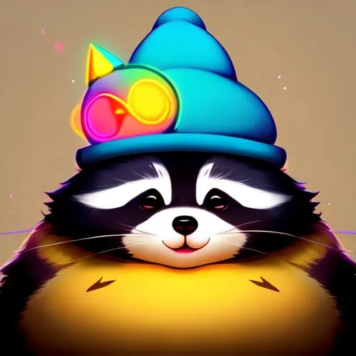 Prompt: (((fat round raccoon))) wearing (((wizard hat))), (((fluffy))) art style of sam yang and james jean! cute (((neon))) surrealism, magic