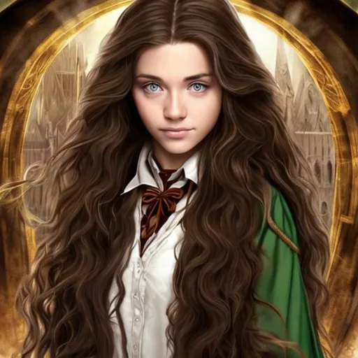 Prompt: long-haired, brown-haired, green-eyed beautiful woman as a Hogwarts Gryffindor student at Hogwarts