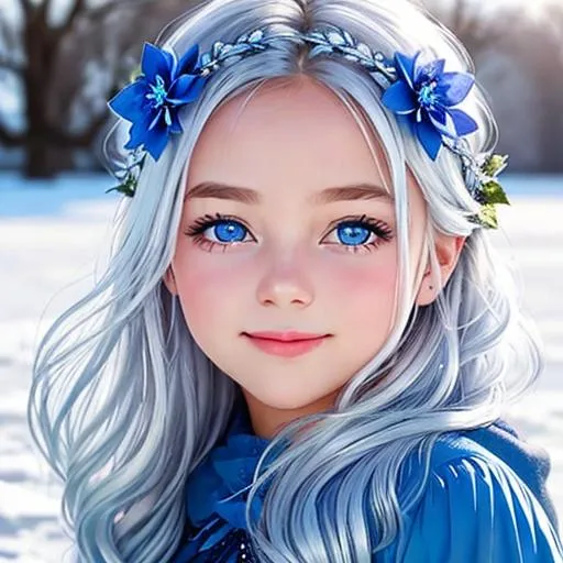 Prompt: young girl, covered in frost, bashful hypnotic sapphire blue eyes, calm bashful smile, gorgeous silver hair, large blue flower in her hair