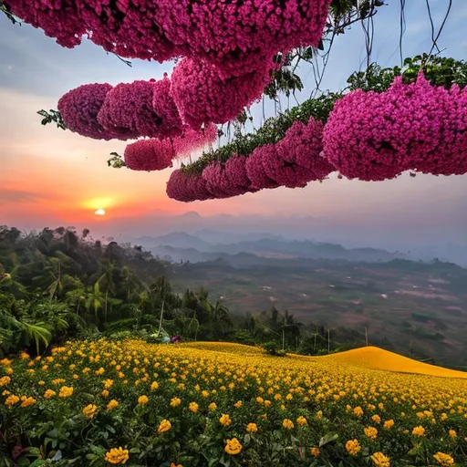 Prompt: Sebuah pemandangan panorama pada sore hari di hamparan bunga matahari, dengan ladang yang dipenuhi oleh bunga-bunga kuning cerah, dan langit senja yang memberikan latar belakang dramatis