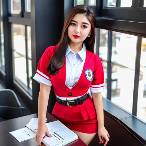 a woman in a school uniform sitting on a desk, insta... | OpenArt