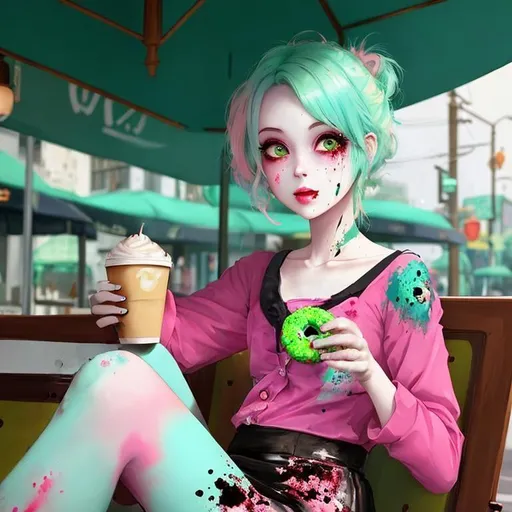 Prompt: cute zombie girl holding a donut with pink frosting and sprinkles