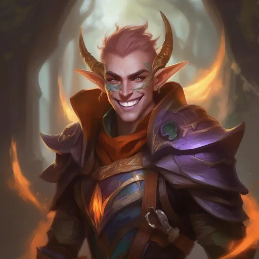 Prompt: d&d eladrin arcane trickster, mad toothy grin, heroic, brightly glowing eyes, badass, magic AF, colorful, chaotic, dangerous, hi res, lucky, masculine, leather armor, gorgeous, long elf ears, unhinged