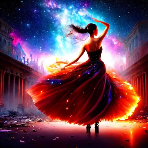 Prompt: Digital painting of a beautiful woman dancing, modern dance, sad, alone, torn clothing, flowing gown, midnight, movie poster, rule of thirds, post apocalypse,  ruins, ((buildings on fire)), world on fire, dirty, trash, myriad stars, nebula, flowing veils