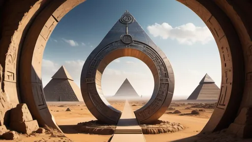 Prompt: circular portal, gateway between cities realms worlds kingdoms, ring standing on edge, freestanding ring, hieroglyphs on ring, complete ring, obelisks, pyramids, panoramic view, afro-futurism setting