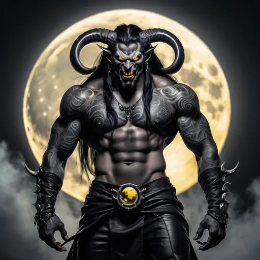 Prompt: a mighty male demon with fangs, long horns, [dark grey skin], [tattoos overall his body], [glowing yellow eyes] and [long, black hair], wearing only a [black leather loincloth], is standing front of a full moon