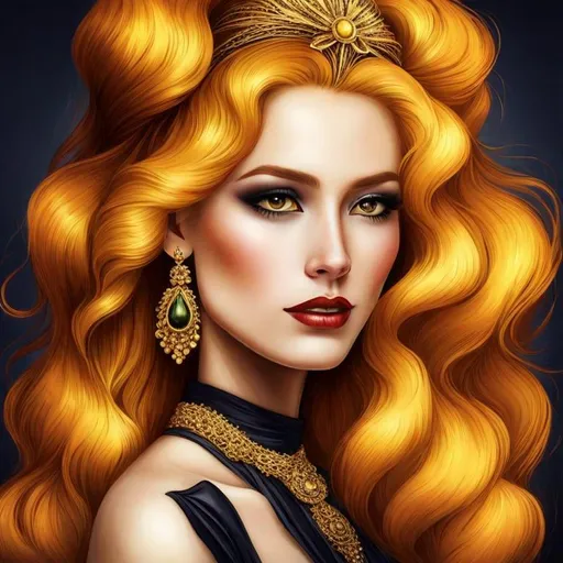 Prompt: Queen bee-A beautiful woman with thick, full honey golden hair, Amber colored eyes, gown in colors of yellow and black, facial closeup