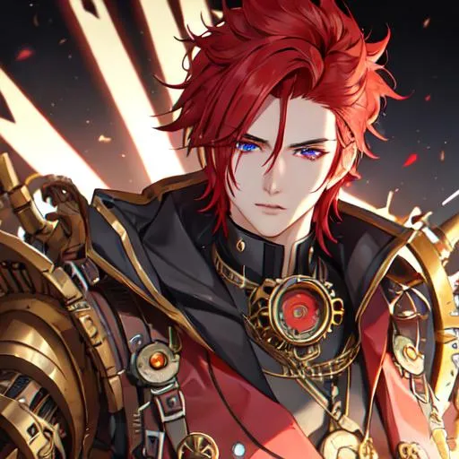 Prompt: Zerif 1male (Red side-swept hair covering his right eye) steampunk, UHD, 8K, highly detailed, mechanical arm